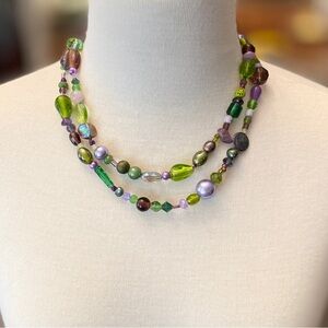Necklace - Double Strand - Glass, Pearl & Resin Beads - Lavender, Green & Purple